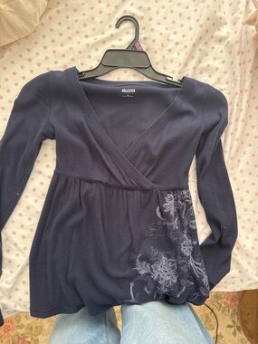 Hollister Navy Floral Wrap-Front Long Sleeve Top